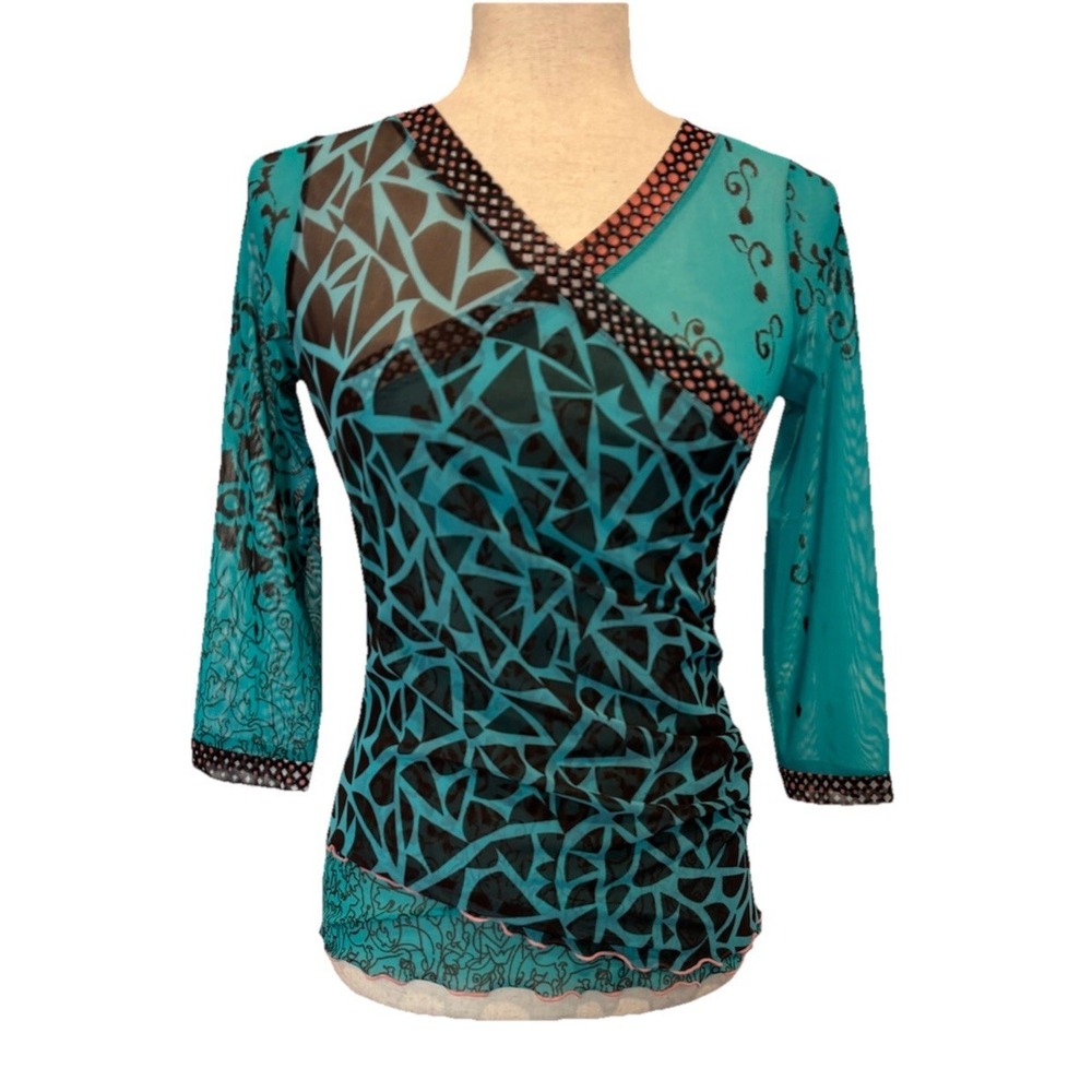 ANAC by Kimi Mesh Overlay Long Sleeve Top Sz S Blue Green Black Brown Floral NWT